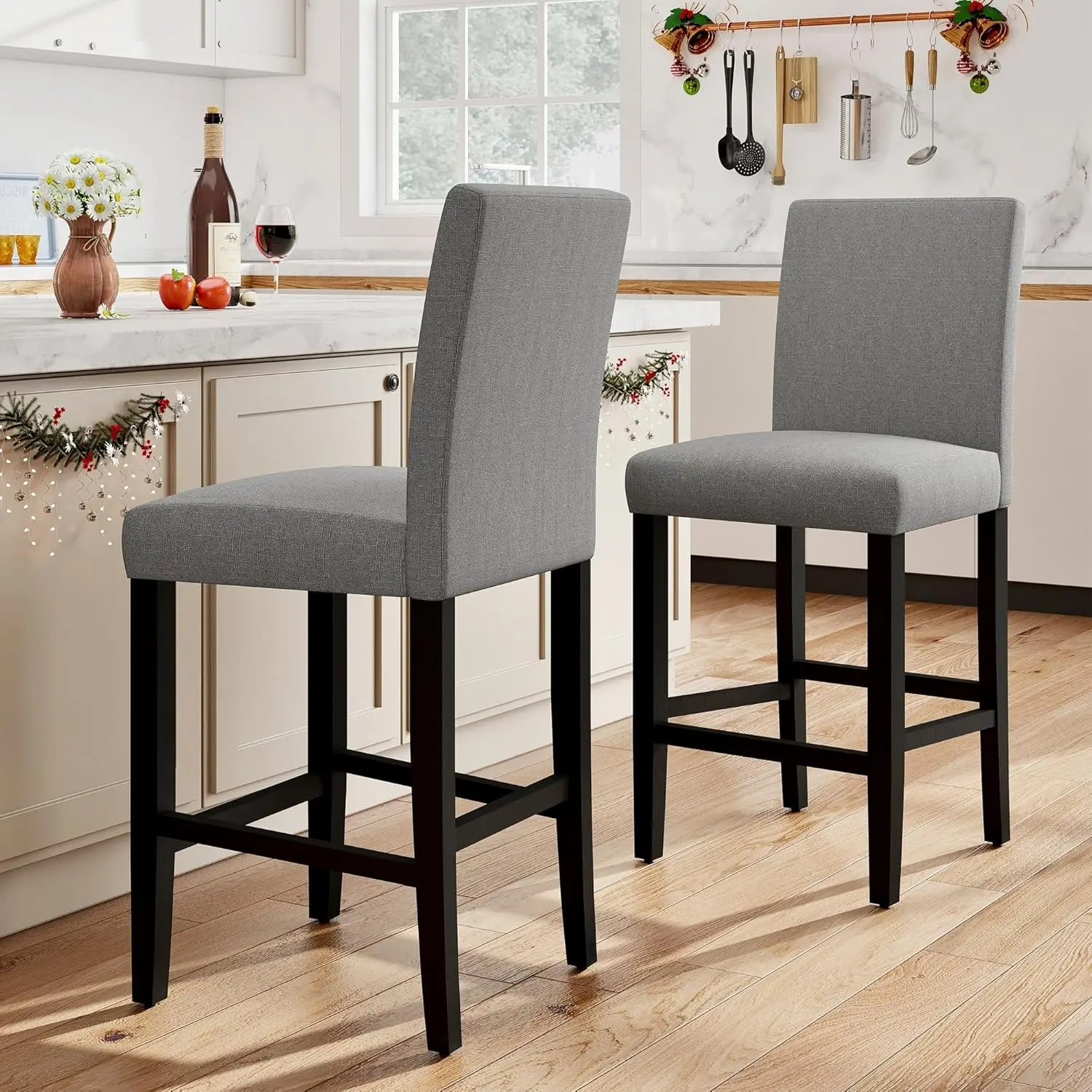 Barhocker, 2er-Set, 24,8 Zoll gepolstert, graue Thekenhöhe, moderne Barstühle aus Holz mit Rückenlehne