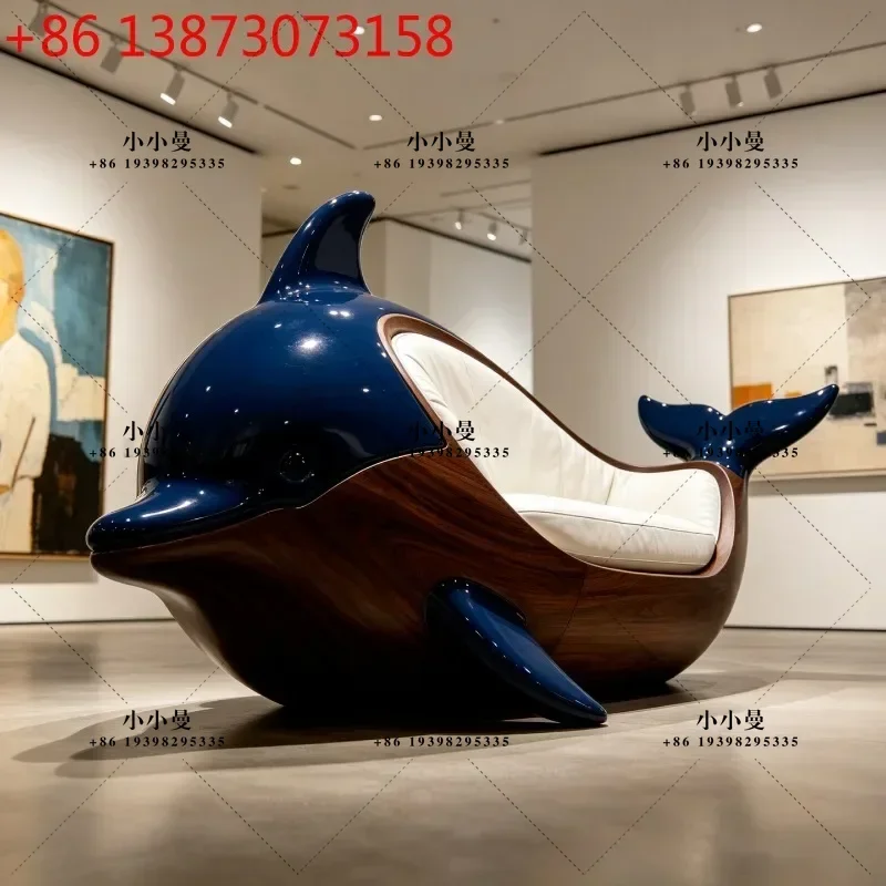 New Chinese creative blue dolphin-shaped single lounge chair in the living room, simple wood-grain style