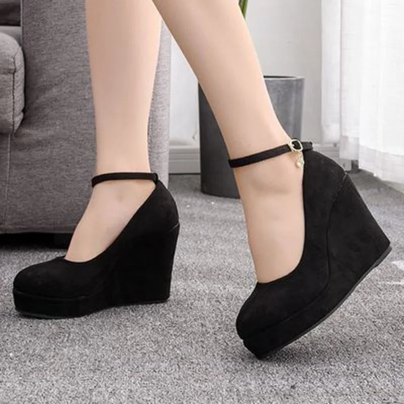 Large heels with wedges round toe platform single shoe one word wrist strap buckled suede and high-heeled wedges