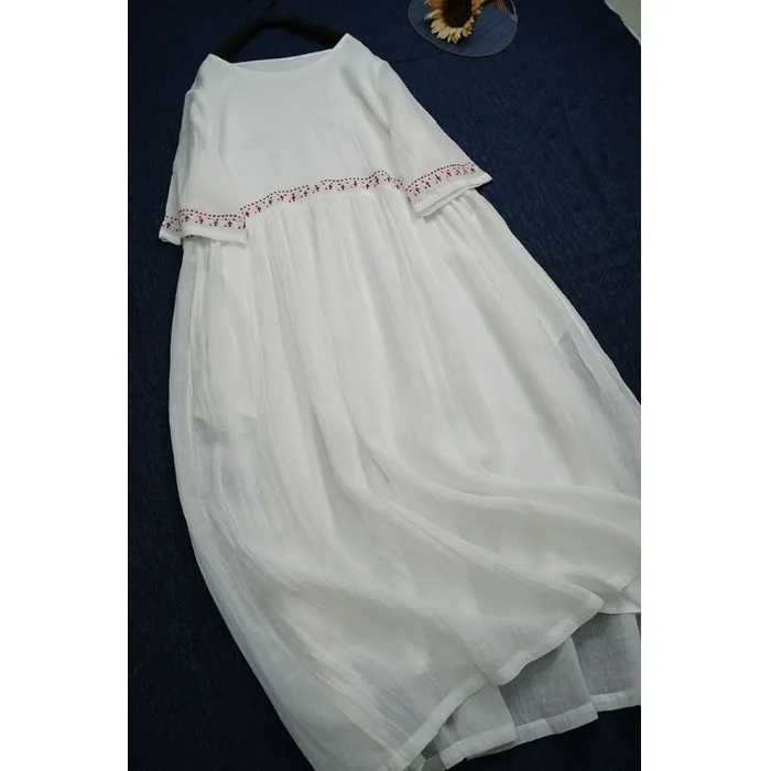 Verão artístico simples bordado cinco quartos Sve Dr feminino viagem Sle Elely round Ne camada dupla queimada A-...