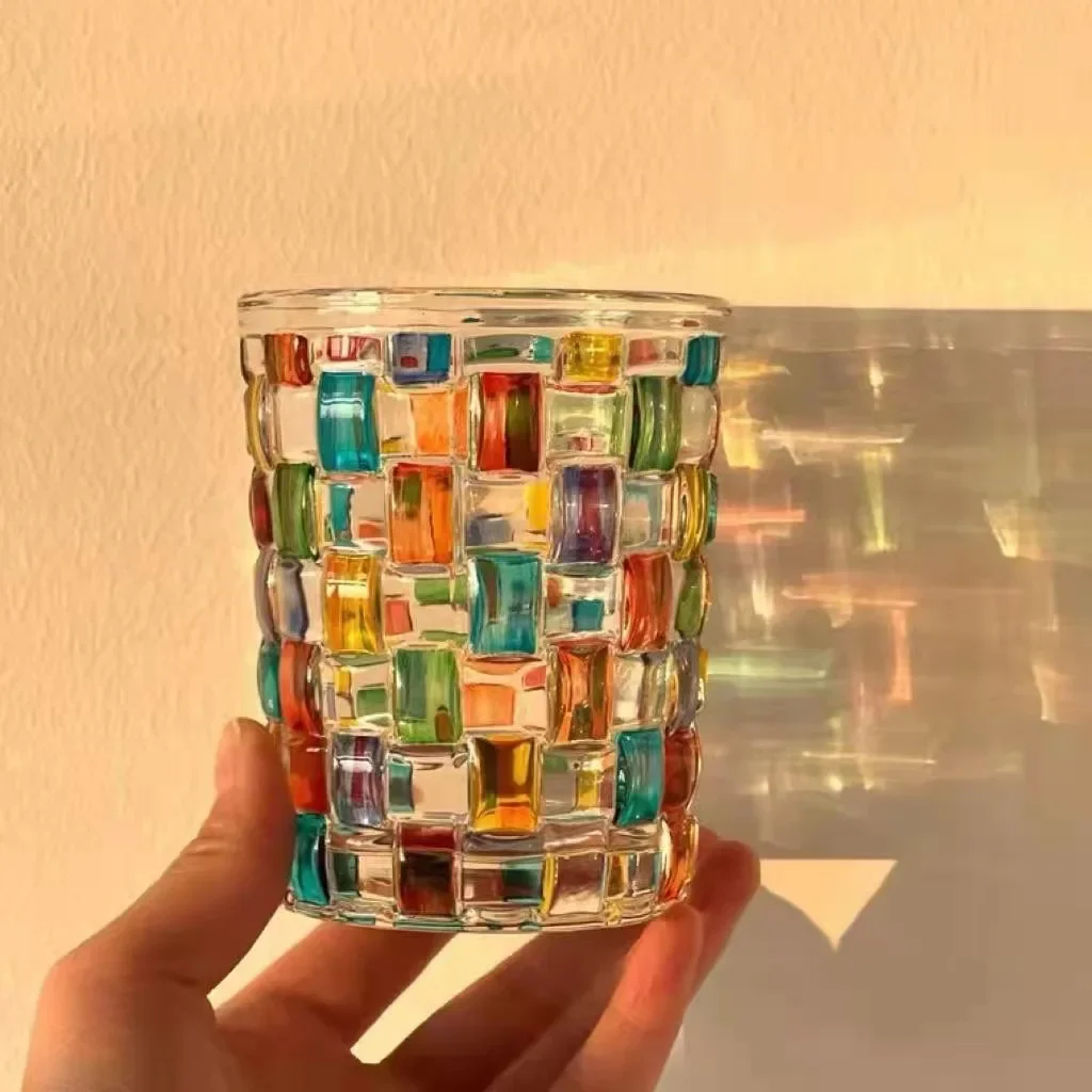 Coulorful Crystal Glass Cups Lines Hand-Painted Woven Stained Glass Whiskey Glass European Style Vintage Glassware Juice Cup