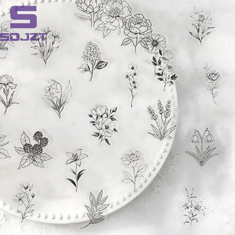 50Pcs Transparent Black White Vintage Flower Plant Stickers Decals Creative DIY Laptop Scrapbooking Decoration PET Stickers