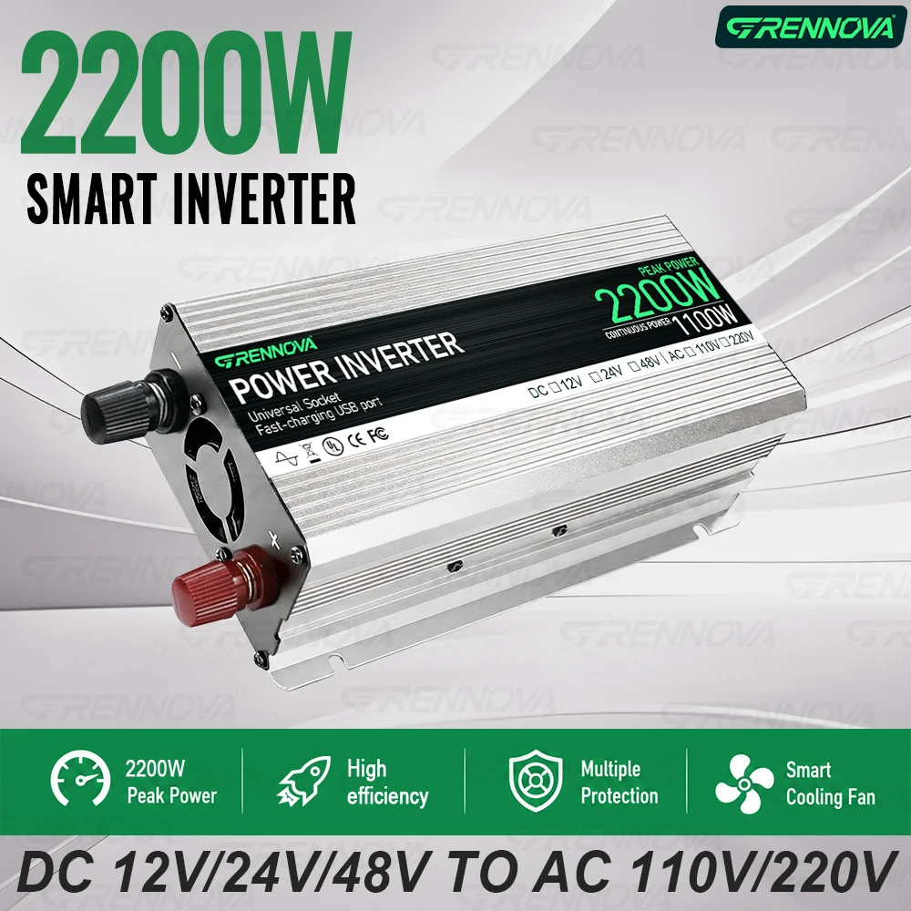 

Solar Inverter 1000W-2200W Peak 12V/24V/48V/60V/72V To 110V 220V 650W-1100W Rated Portable Power Universal Socket for Car & RV