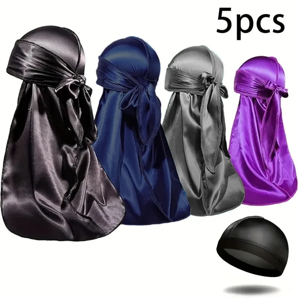 5Pcs Silk Satin Durag & Wig Cap Set Multi Color Long Tail Do Rag With Nylon Wig Liner For Men Braids Dreadlocks Hair Styling
