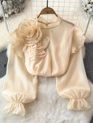 2025 New Chiffon Three-dimensional Flower Long-sleeve O-neck Chic Design Female Shirts Sweet Style And Youth Woman Blouses