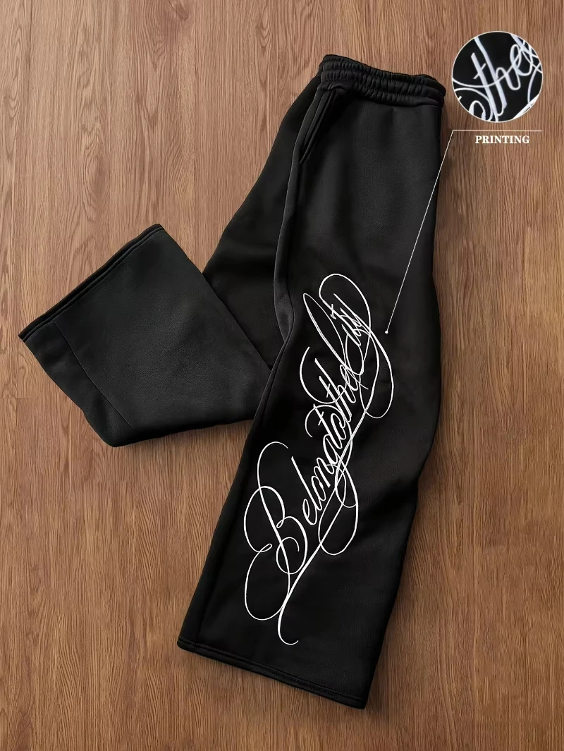 2026  New Fashion Trends Men's Black Letter-printed Trousers, Pure Cotton Straight-leg Pants, Casual Elastic Waist Jogger Pants