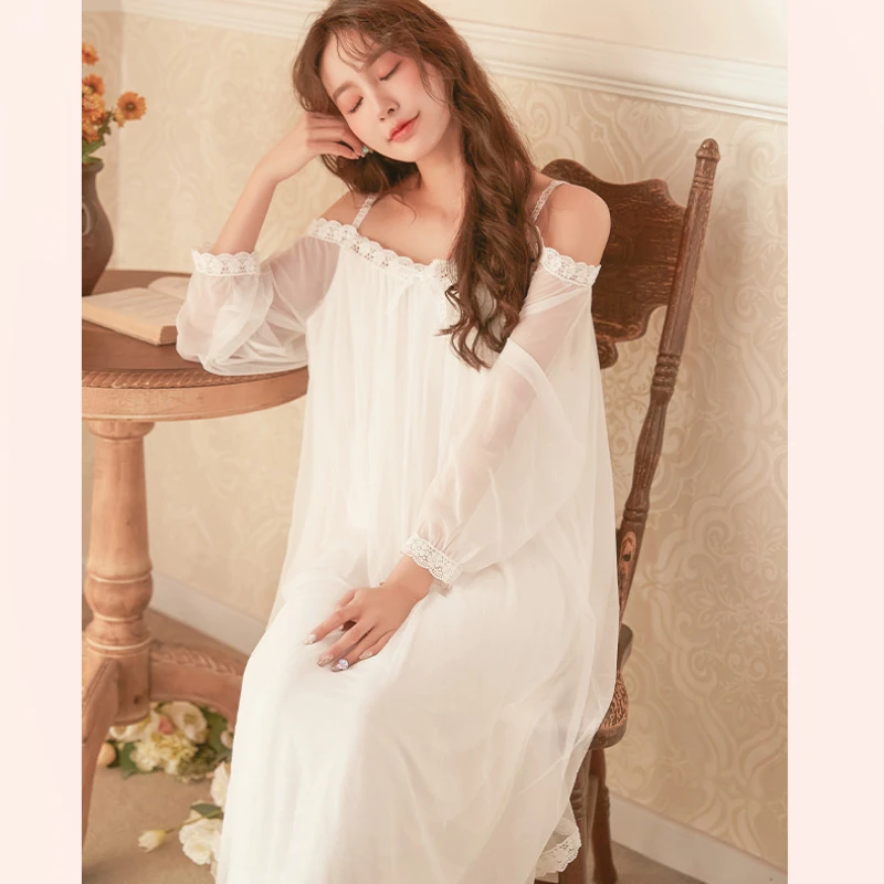 Fairy Mesh Nightdress Romantic Nightgown Women Spring Sexy Off Shoulder Long Lace Peignoir Victorian Sleep Night Dress Sleepwear