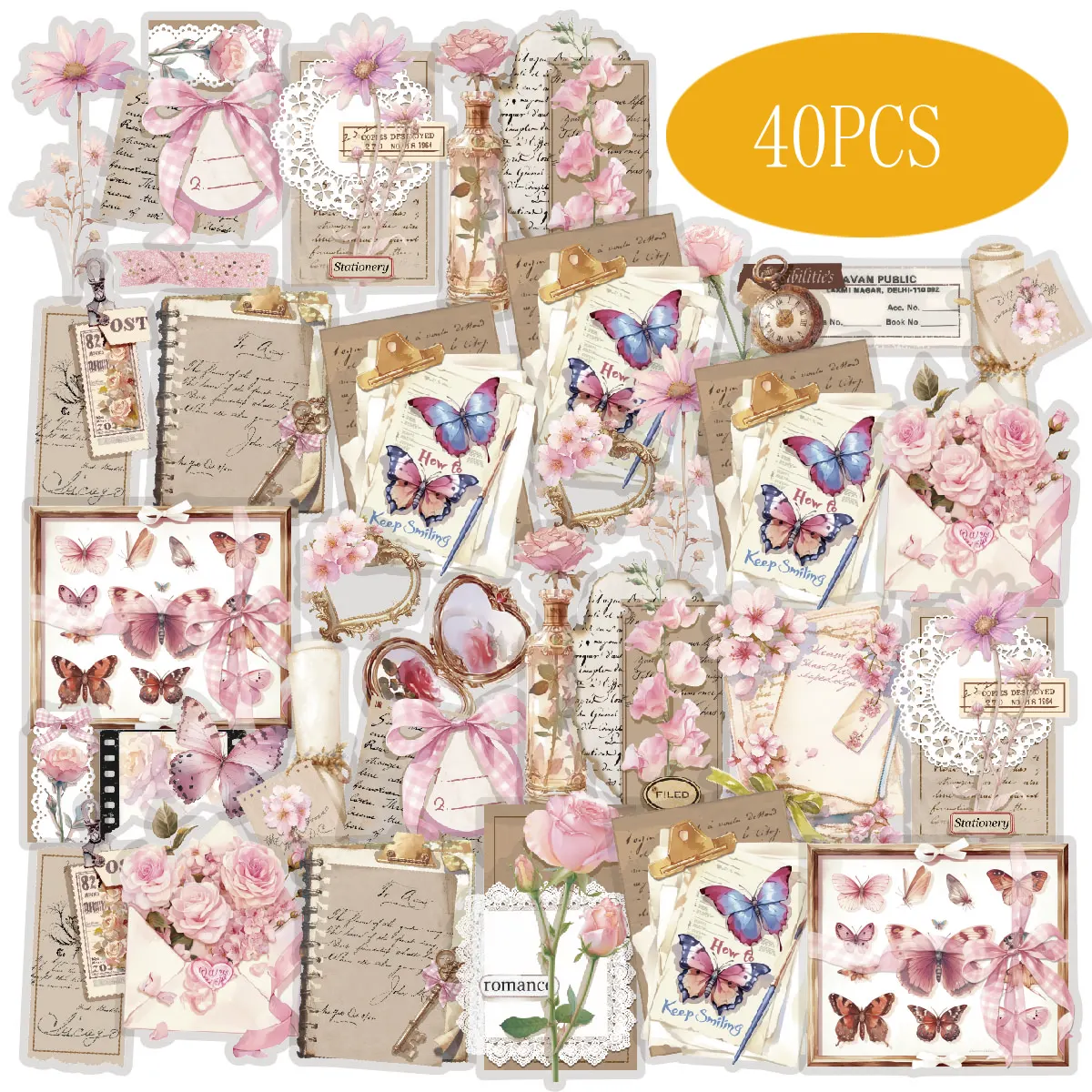 Etori Life Pink Memories Letra rosa vintage con pegatinas con estampado floral para suministros de álbum de recortes, sellado para hornear, sobres, revistas, álbumes de fotos, cuadernos, decoración de habitaciones, papelería para estudiantes, fiestas vintage, pegatinas para niños