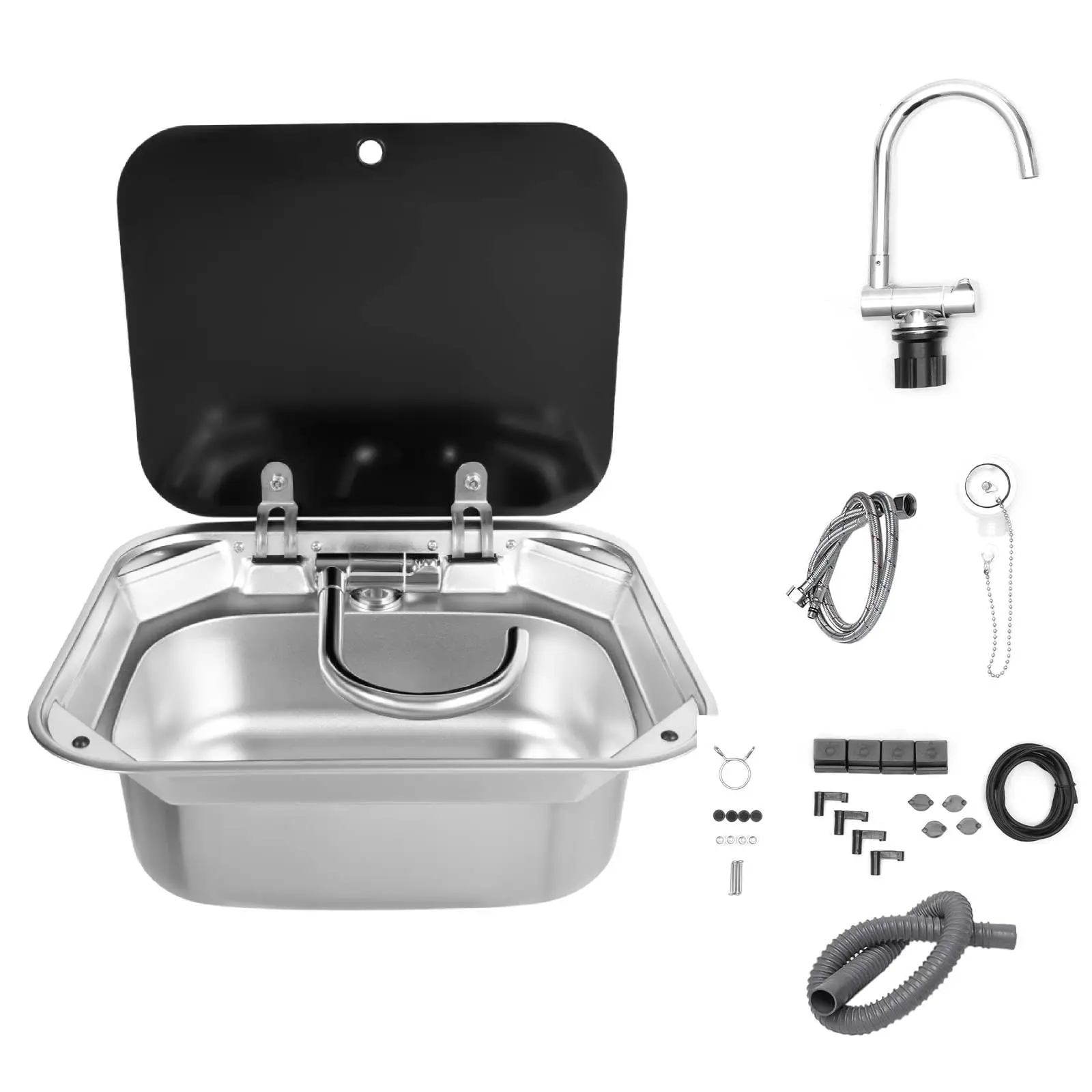 

Caravan Rv Sink with Folding Faucet and Tempered Glass Lid, 16 Inch Bar Boat Inset Sink, Stainless Steel Sink, RV Camping Kitche