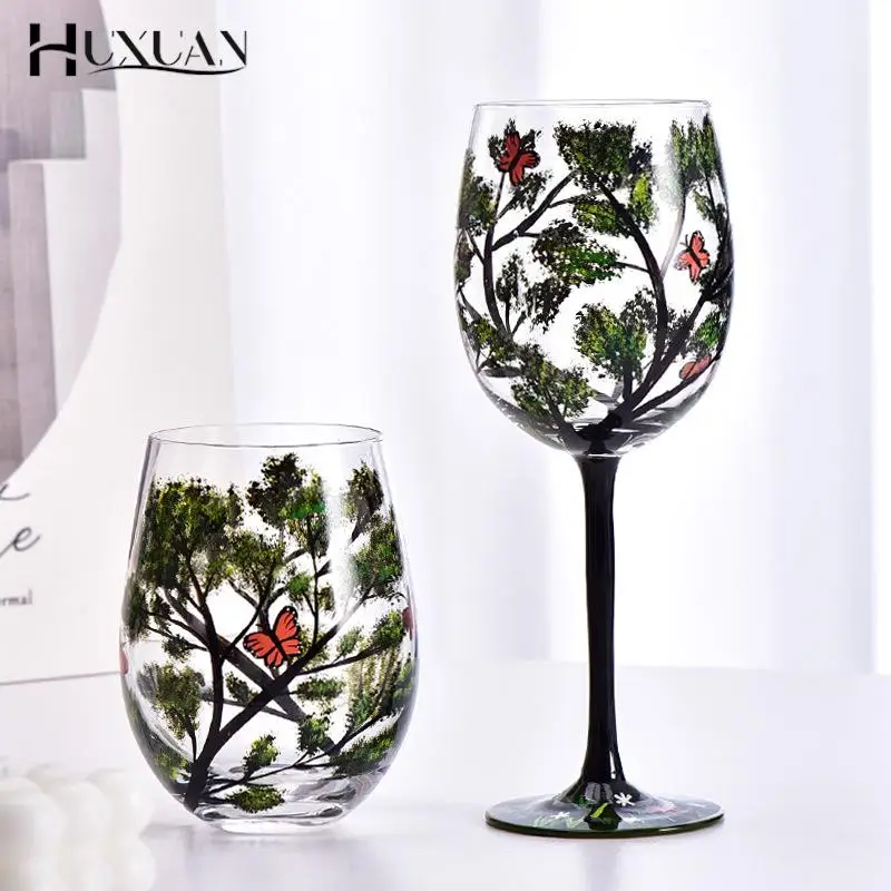 1PC Four Seasons Trees Wine Glasses Goblet Creative Printed Round Glass Cup For Wine Beer Cocktail Large Capacity Glass Cup Gift