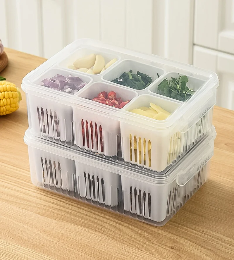 1PC 4/6 Grids Divided Refrigerator Storage Box with Lid Clear Vegetable Fruit Organizer Home Kitchen Sub-format Seasoning Box ﻿