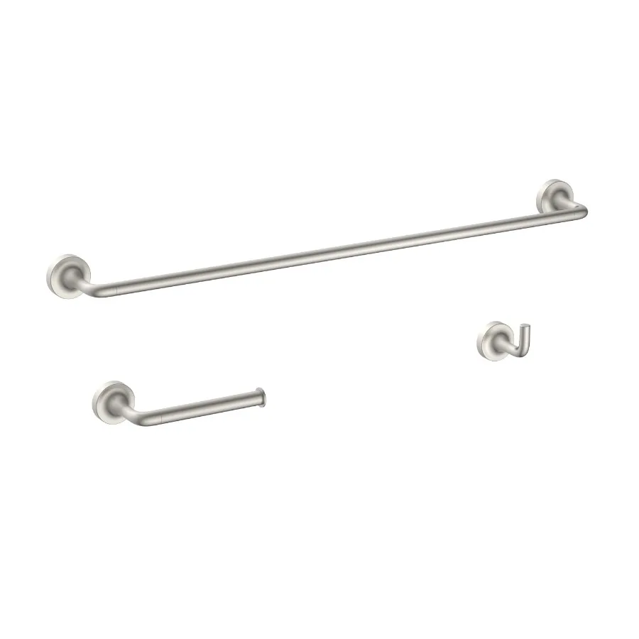 

Clean Modern 3 Pieces Bath Hardware Set in Satin Nickel Towel Bar Toilet Paper Holder Robe Hook Included