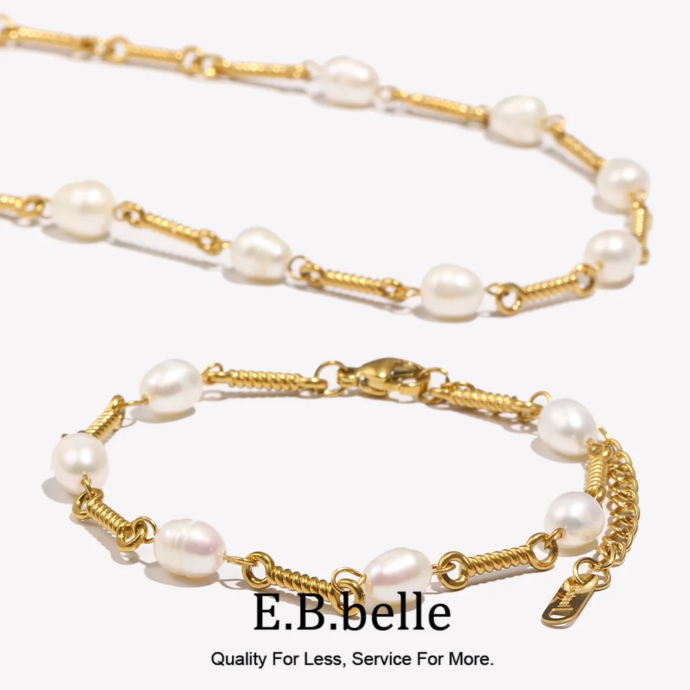 E.B.belle Wire Spring Chain Gold Plated Stainless Steel Chain Mixed with Freshwater Pearl Choker Necklaces Bracelets For Women
