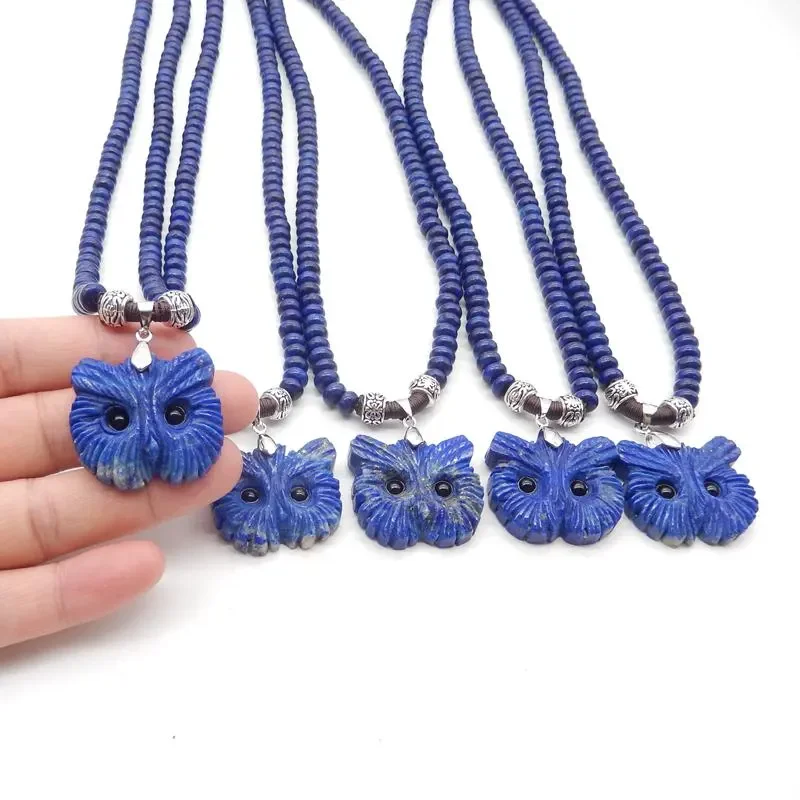 1 Strand 20 Inch Carved Natural Lapis Lazuli Owl Pendant Necklace, Best Gemstone Jewelry Gift, 30x28x6mm, Beads 6x4mm, 40g