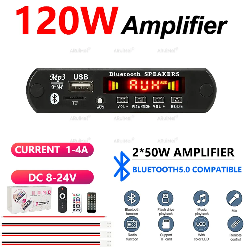 2x60W Bluetooth 5.0 Amplifier Kit with Black Case & Remote, DC 8-24V for Car Home Audio, FiiO, ARUIMEI, Powerful
