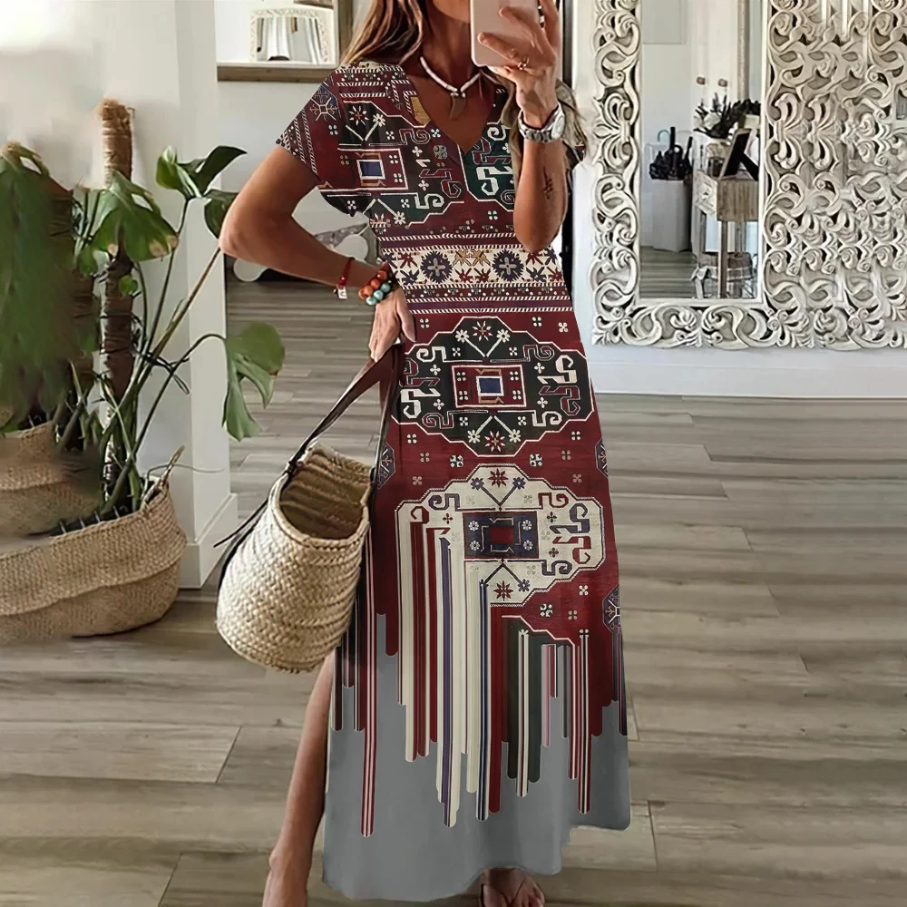 Women\'s Clothing Dresses Summer Loose Clothing Bohemian Vacation Dress New Short Sleeve Evening Dress Fashion V Neck Pullover