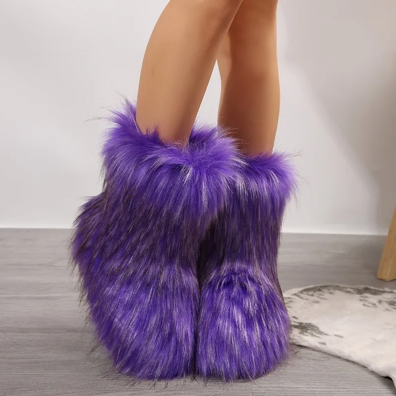 Women's Winter Snow Boots Outdoor Luxury Furry Faux Fox Fur Boots Woman Plush Warm Platform Shoes New Fashion Bottes Big Size