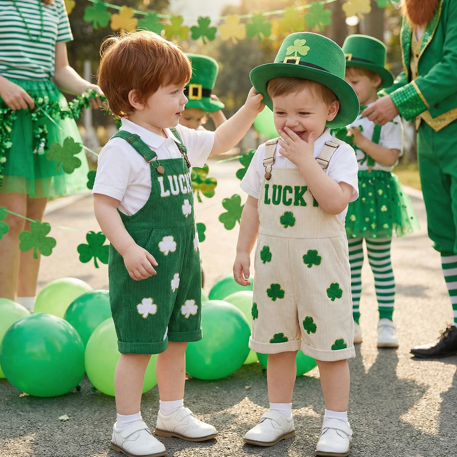 

FOCUSNORM 0-5Y Toddler Kids Girls Boys Overalls Romper Sleeveless Embroidery Clover Casual Jumpsuit Clothes for Irish Holiday