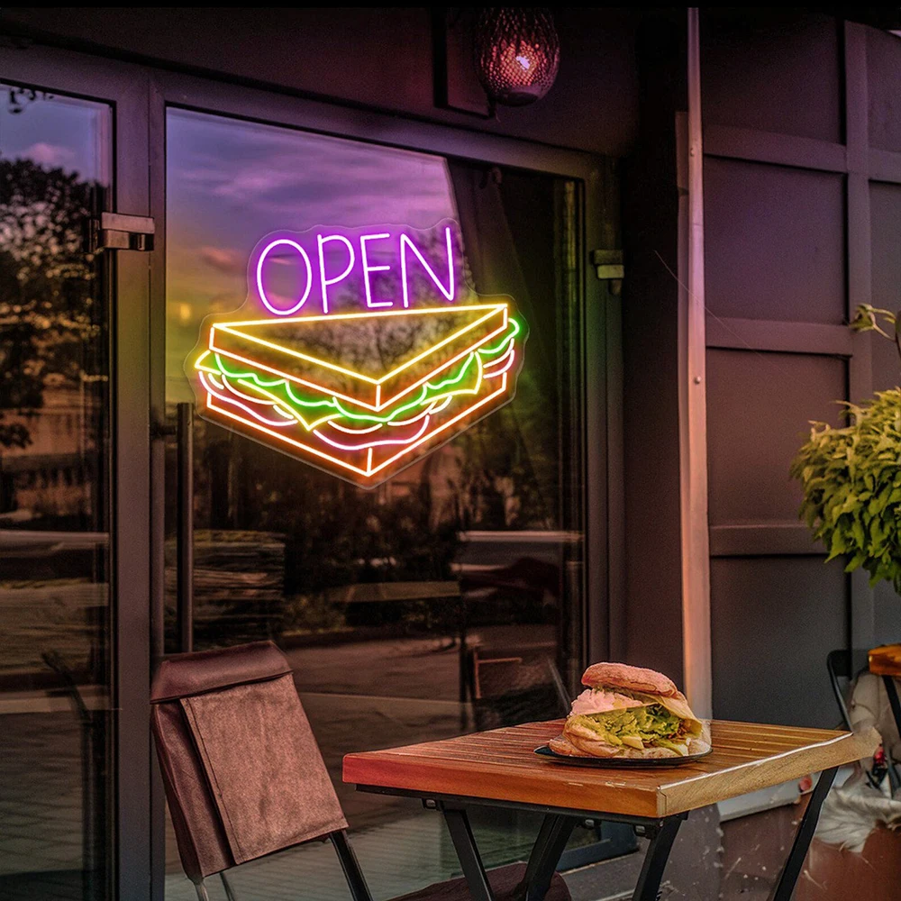 Letrero de neón abierto de sándwich para restaurante, decoración de arte de pared de comida rápida, letrero de luz Led, regalo de apertura personalizado