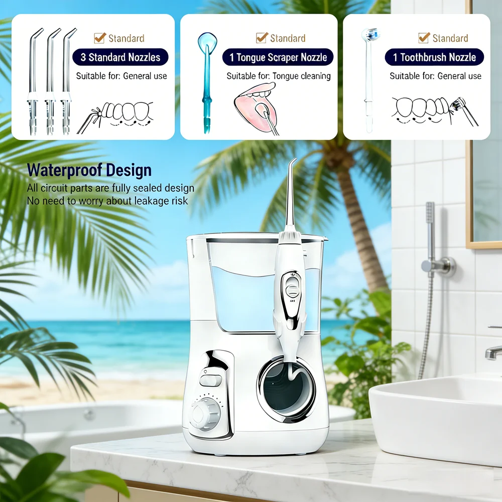 

Электрический ирригатор для полости рта, 10 режимов, 800 мл, настольный, семейный, с 5 сменными насадками