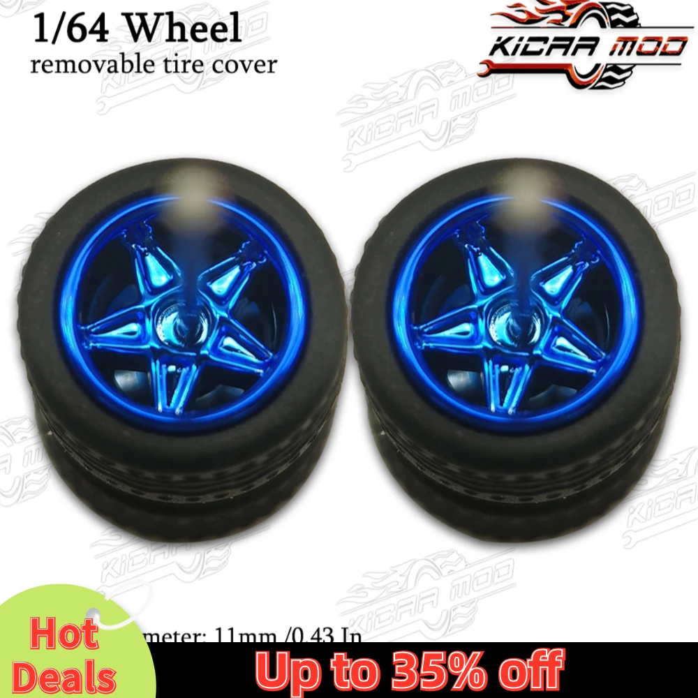 1/64 Model Car Wheels with Rubber Detachable Tires Pentagram 2 Refitting Parts for Diecast Toys Hot Wheels Matchbox D:11mm 1 Set