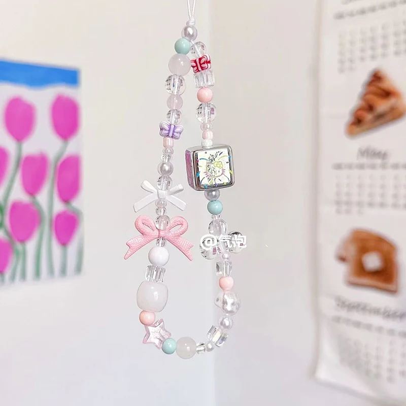 مرحبا كيتي الخرز سلسلة هاتف سانريو KT القط قلادة حلية حقيبة سماعة الاذن حبل معلق مكافحة خسر الحبل شريط للرسغ حقيبة ديكور