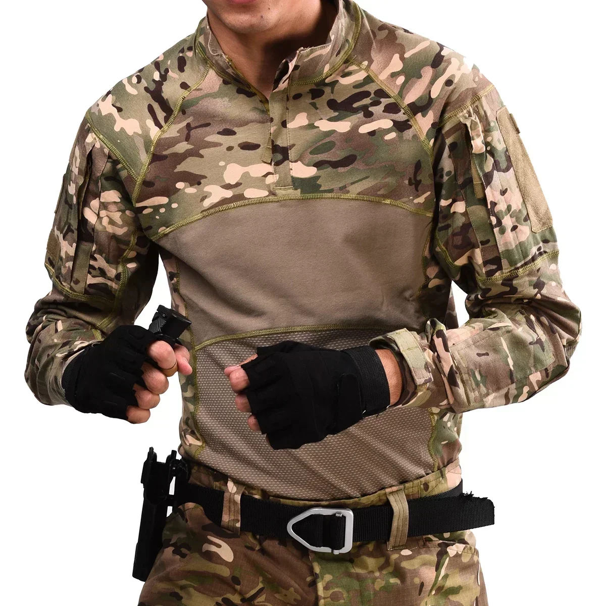Mens Combat Shirts 1/4 Zip Long Sleeve T-Shirts Tactical Hunting Clothes Outdoor Hiking Shirt Casual Pullover Tops - Image 4