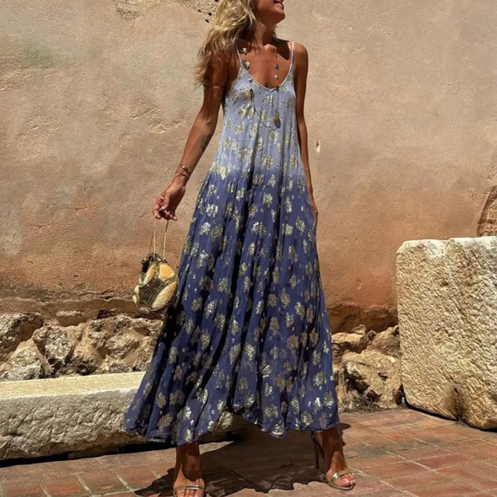 

Women Printed Maxi Dress Elegant Gradient Color Women's Slip Dress with Backless Design A-line Silhouette for Vacation Beach