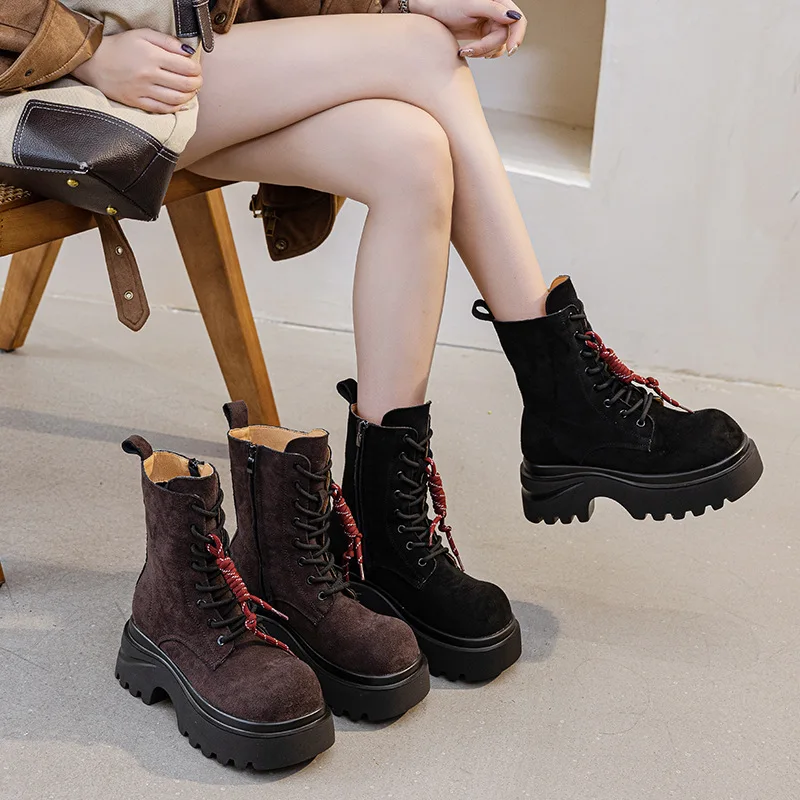 

With Laces Chunky Platform Women's Snow Boots Lace-up Plus Warm Boot Anti Slip Spring Autumn Ladies Shoes 2025 Sale Comfrtable