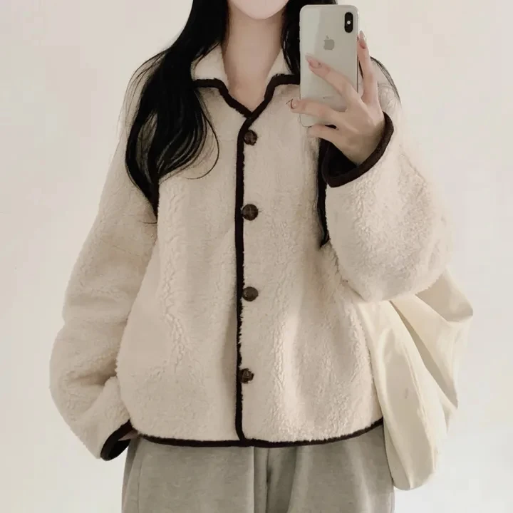 

Ladies Chic Casual Loose Thiened Long Sve Lamb Fur Coat Korean Sle Autumn Winter Versatile Slimming Color Blo Collar...