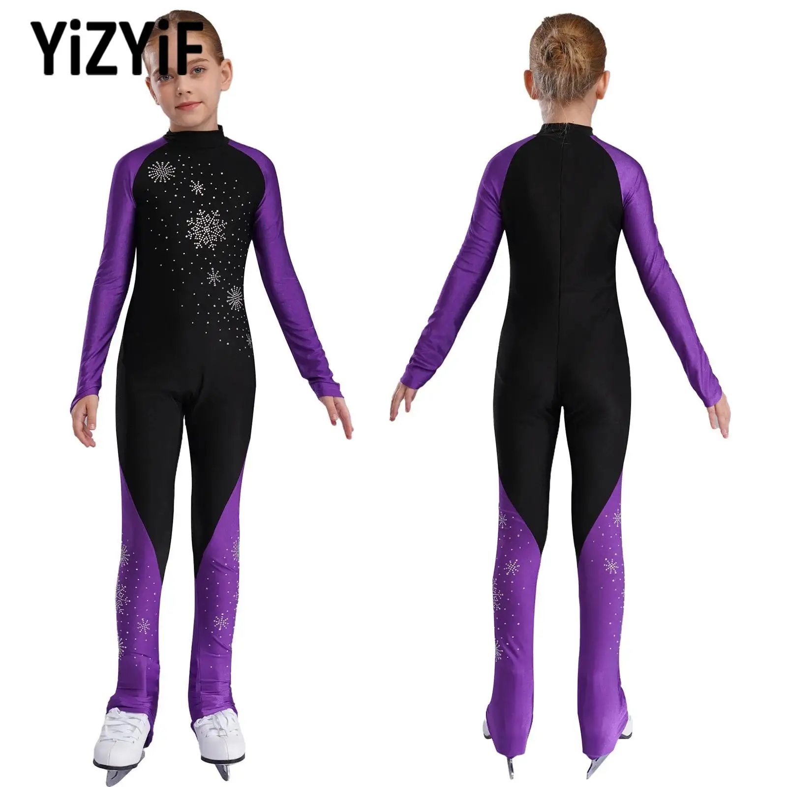 Kids Girls Stylish Figure Skating Ballet Jumpsuit Costume Long Sleeve Snowflakes Bodysuit for Practice Competition Performance