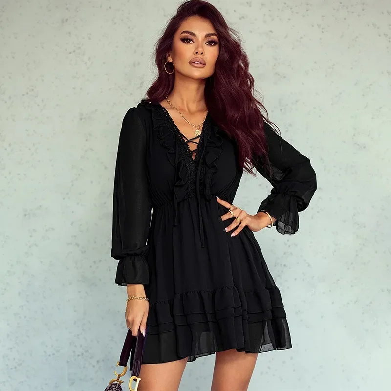 2024 New Women's Ruffles Lantern Sleeve Dresses Spring Autumn Long Sleeve Dress with Bandage Elegant Solid Colors Dress NASY0021