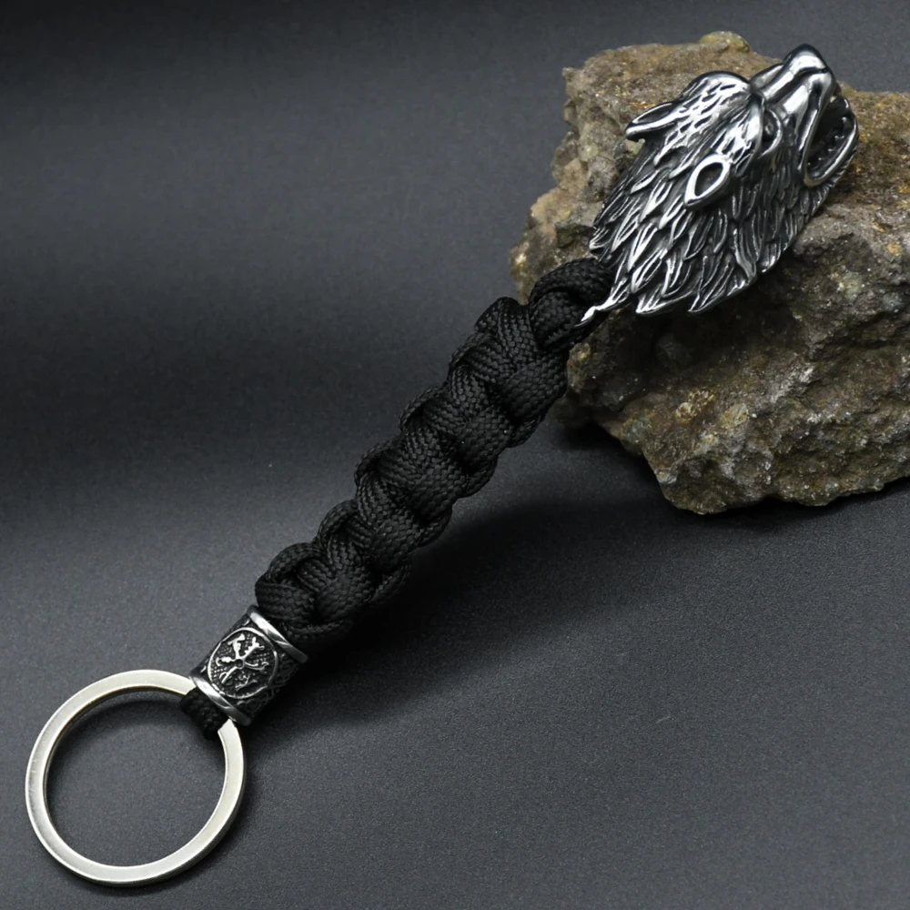 Viking Wolf Head Survival Rope Keychain Men\'s Stainless Steel Pendant Paracord Keyring Handmade Norse Pirates Rune Amulet Jewelr