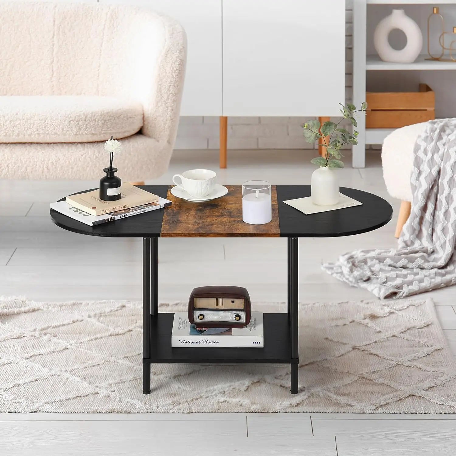 2-Tier Small Oval Coffee Table Industrial Modern Style - Wood Tabletop with Storage Shelf
