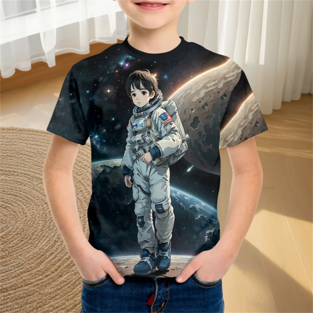 

2024 Summer Boys T Shirts Cartoon Universe Astronaut Planets Children's Clothing Fashion T Shirts Baby Boys Tops Tees Clothes