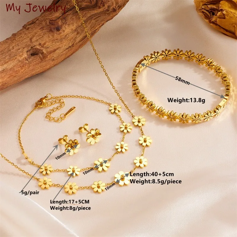 Titanium Steel Flower Jewelry 4-piece Set Chrysanthemum Daisy Titanium Steel Earrings Necklace Anklet Bracelet Set for Women