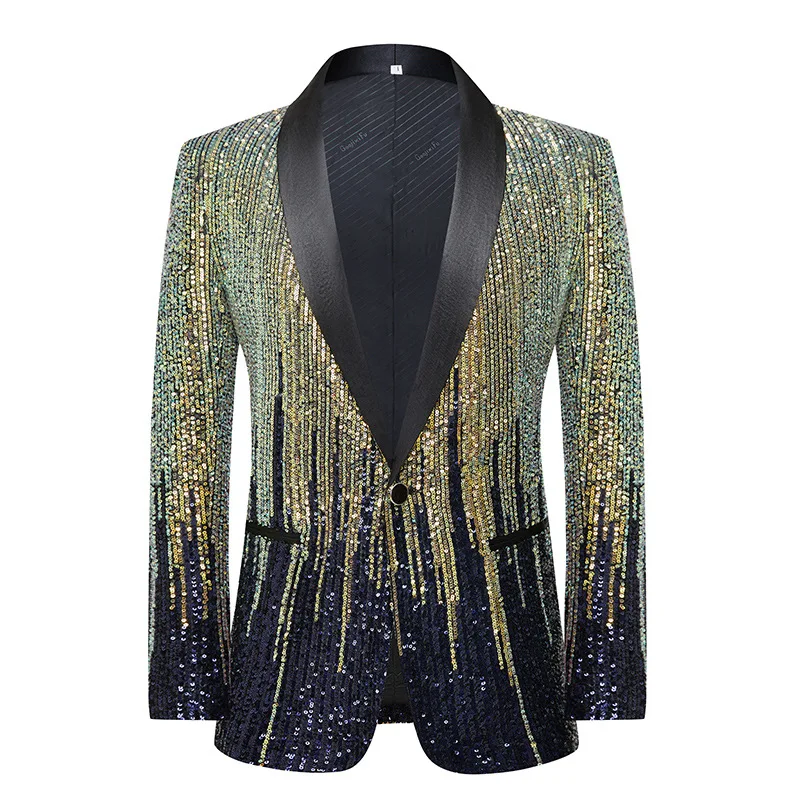 Shiny Stripes Sequins Suit Jackets Men\'s Shawl Collar Single Button Slim Blazer Coat Stage Party Prom Wedding Tuxedo Costume