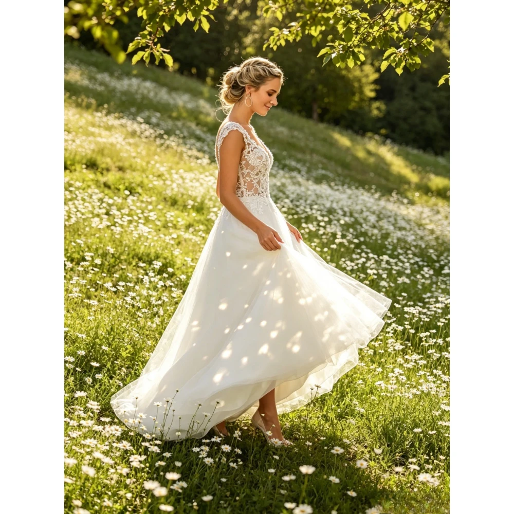 Customized Lace Tight Wide Suspender A-line Wedding Dresses with White Chiffon V-neck and Sexy Backless Beach Bridal Gown Decals