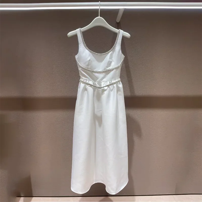 Vestido midi blanco con tirantes para mujer, vestido de cintura con lazo blanco puro, retazos de diamantes de imitación, temperamento