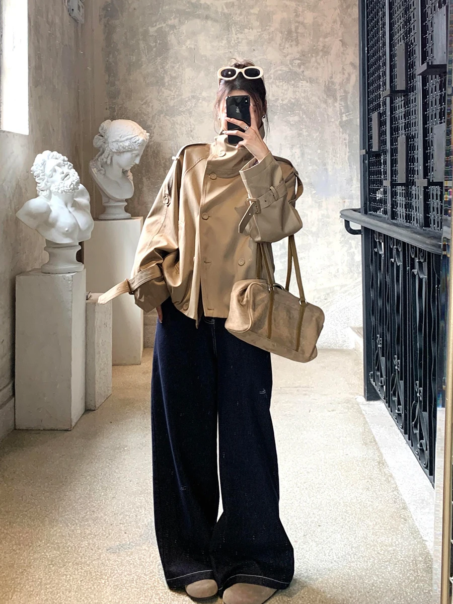 

Spring 2026 Short Double-Breasted Stand-Collar Casual Style Women's Windbreaker Size Korean Fashion Workwear Jacket