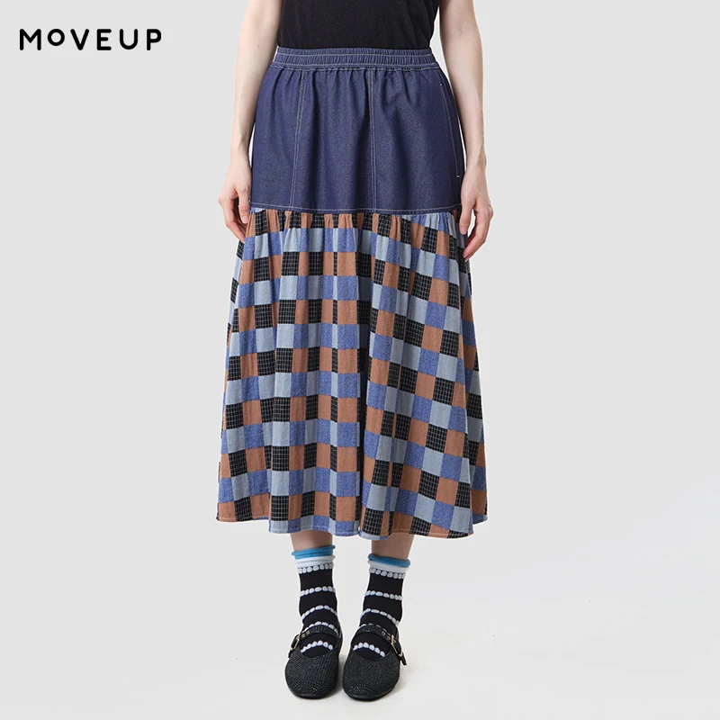 MOVEUP Women's Denim Plaid Patchwork Midi Skirt 2026 Autumn Elastic Waist Loose A-line Casual Skirt with Side Pockets 3ELQ20608