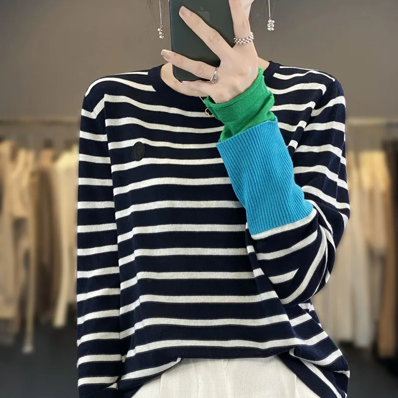 Women\'s New Pure Wool Soft Spliced Sweater Curled O-neck Striped Pullover Spring Autumn Casual Knit Fashion Top