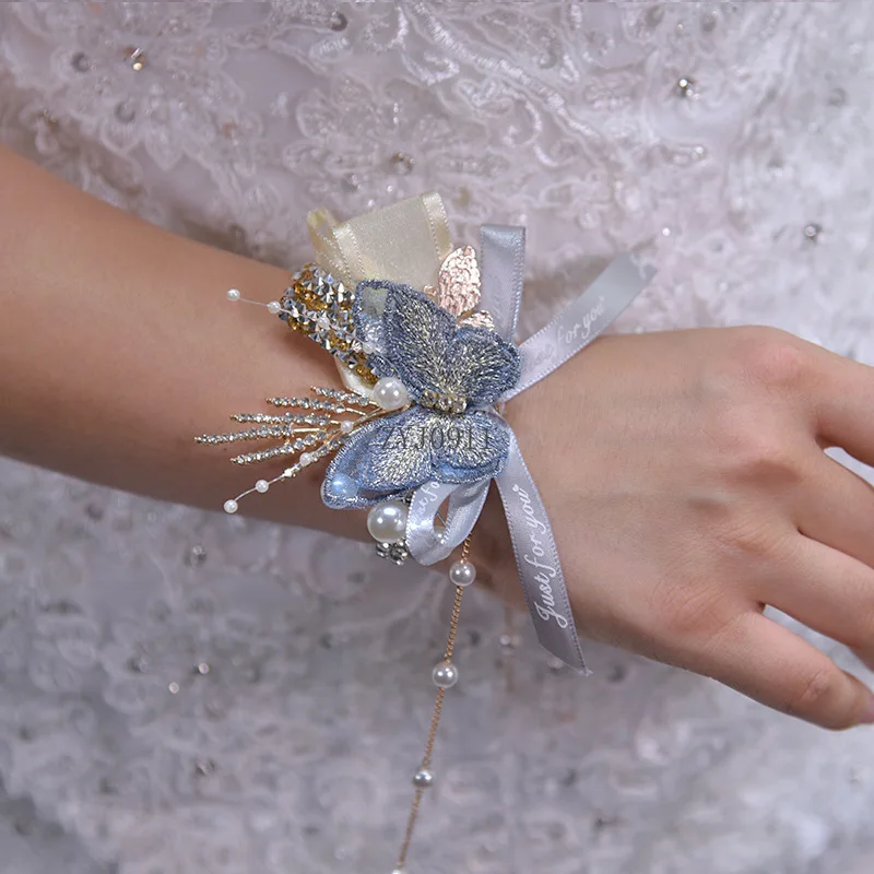 結婚のための手首のコサージュ、造花、蝶、新しい結婚の蝶