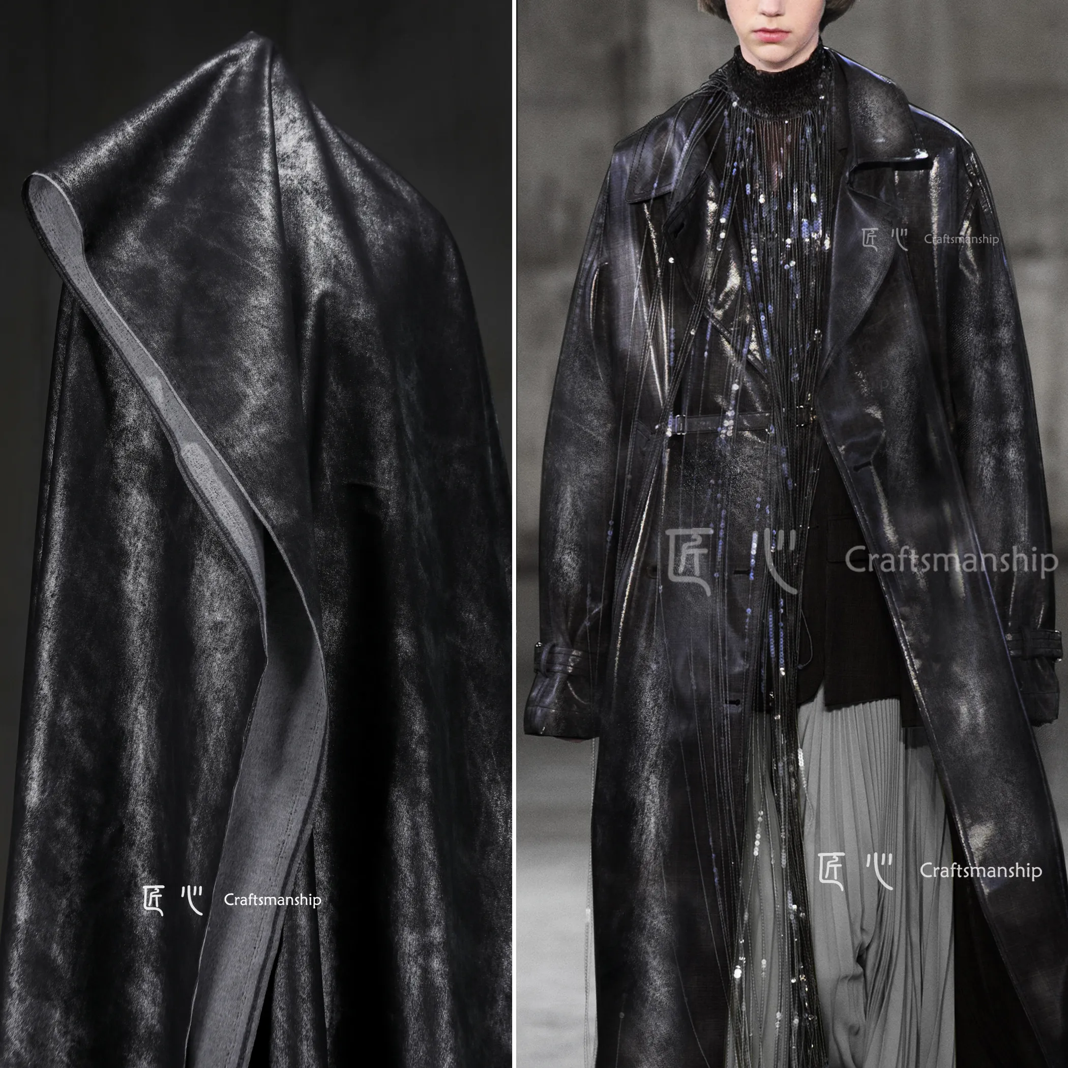 Schwarzes, gelatinartiges Denim-Leder mit Mottel-Effekt und Schimmer, Altes und Wiederverwertetes Knistriges Taschen- und Kleidungsdesigner-Gewebe – Detail 1