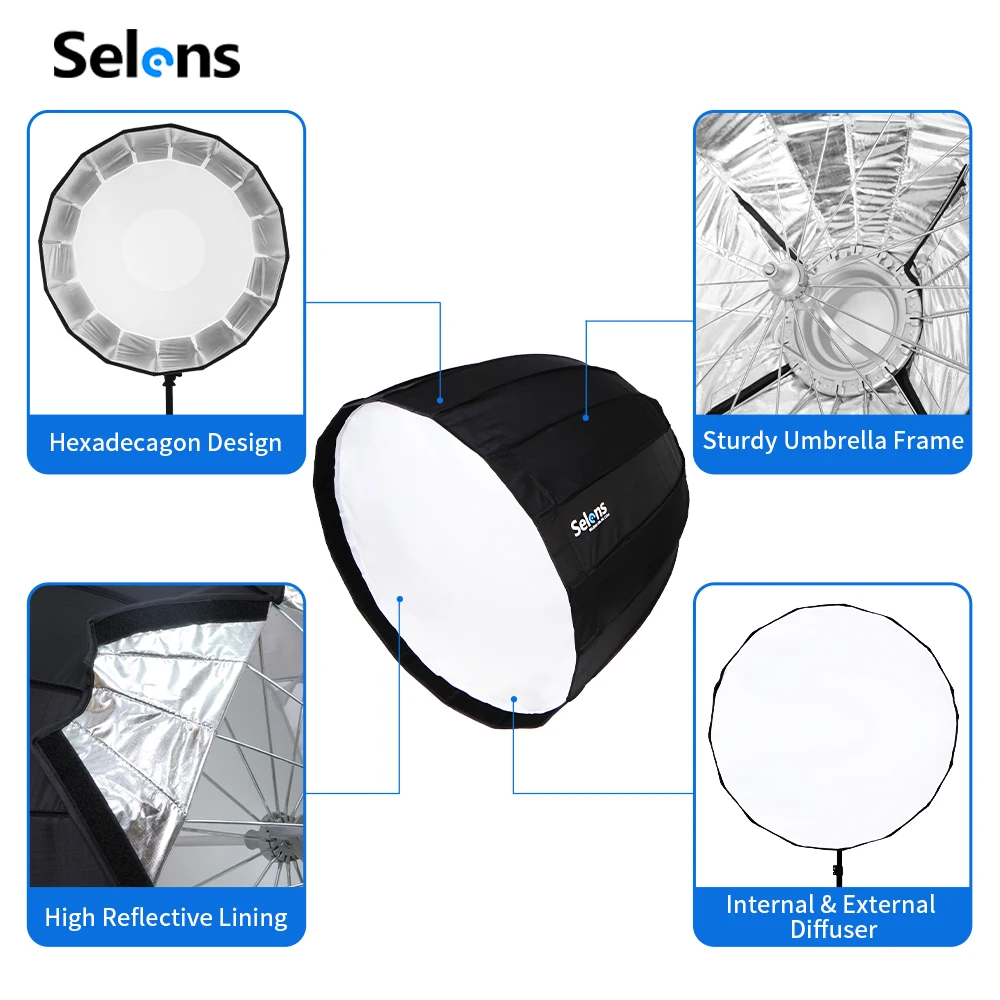 Selens Foldable Hexadecagon Softbox Quick Release 16-Rib Deep Parabolic Umbrella For Photo Studio Speedlight Flash Light