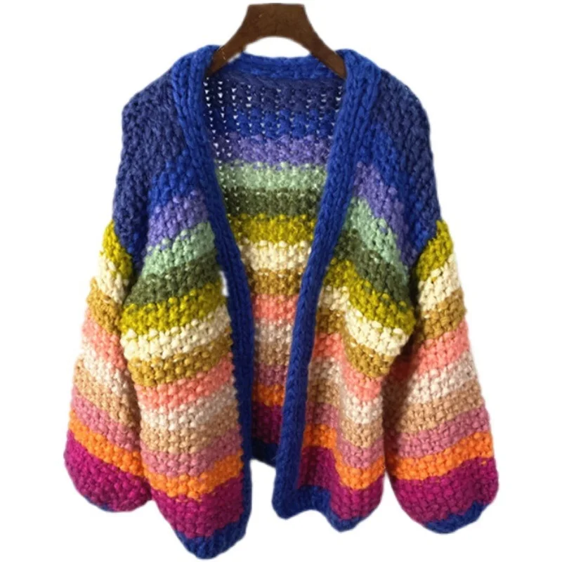 Knitted Cardigan Sweater for Women, Handmade Rainbow Stripe, Contrast Thick Needle, Autumn and Winter