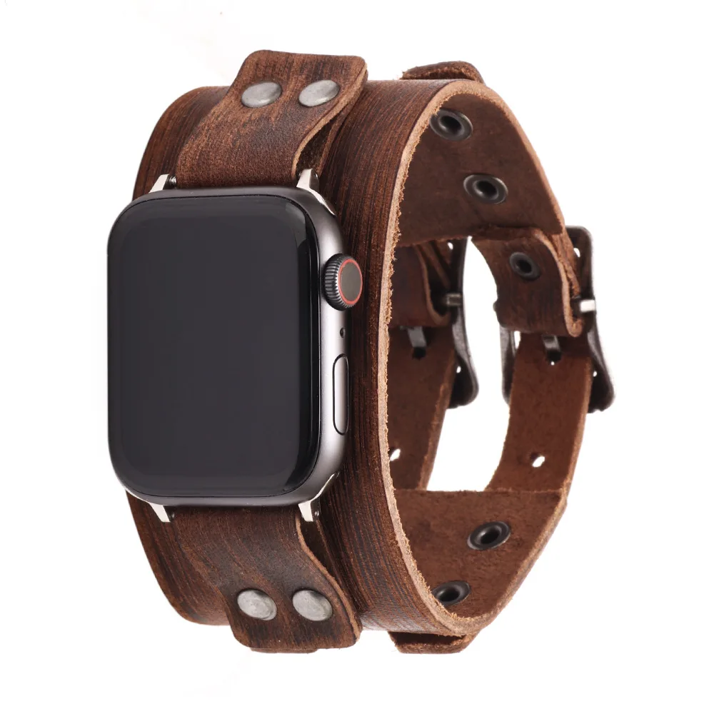 Punk Rivet Bracelet Double Belt For Apple Watch Strap 40mm 41mm 44mm 45mm 49mm Real Leather iWatch Band Series 3 4 5 6 7 8 Ultra