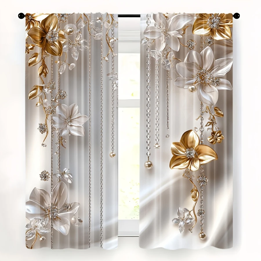 2PCS Digital Print Curtains, Pearl Chain White Flowers, Elegant Jewelry Floral Decor Luxurious Delicate Blossom Bedroom Drapes