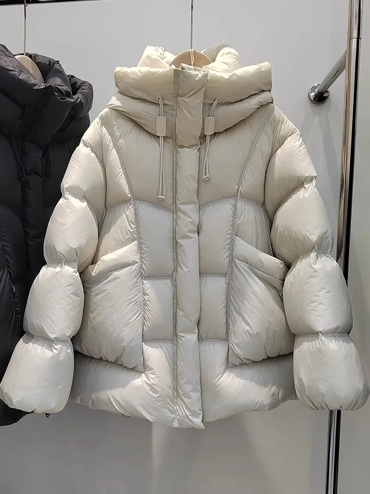 Verdickte Daunenjacke für Damen mit Kapuze, mittellang, Brotanzug, Winter, neuer Puff, warm, locker, koreanischer Chic, 90er-weißer Entenwähnungsmantel, weiblich