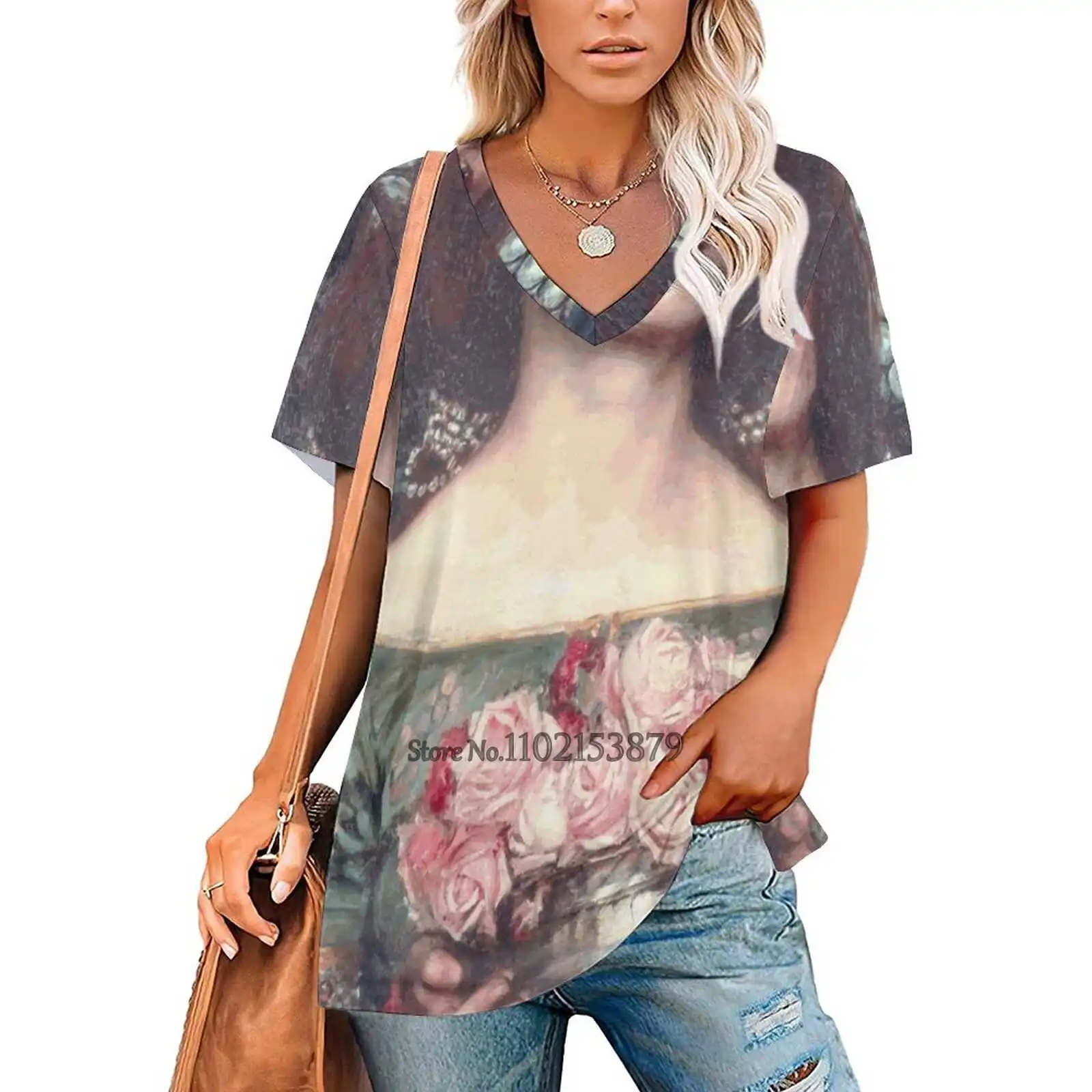 Gather Ye While Ye May By John William Waterhouse Women's T-Shirt Casual Short Sleeved Tops V-Neck Zipper Tee Ladies Loose T